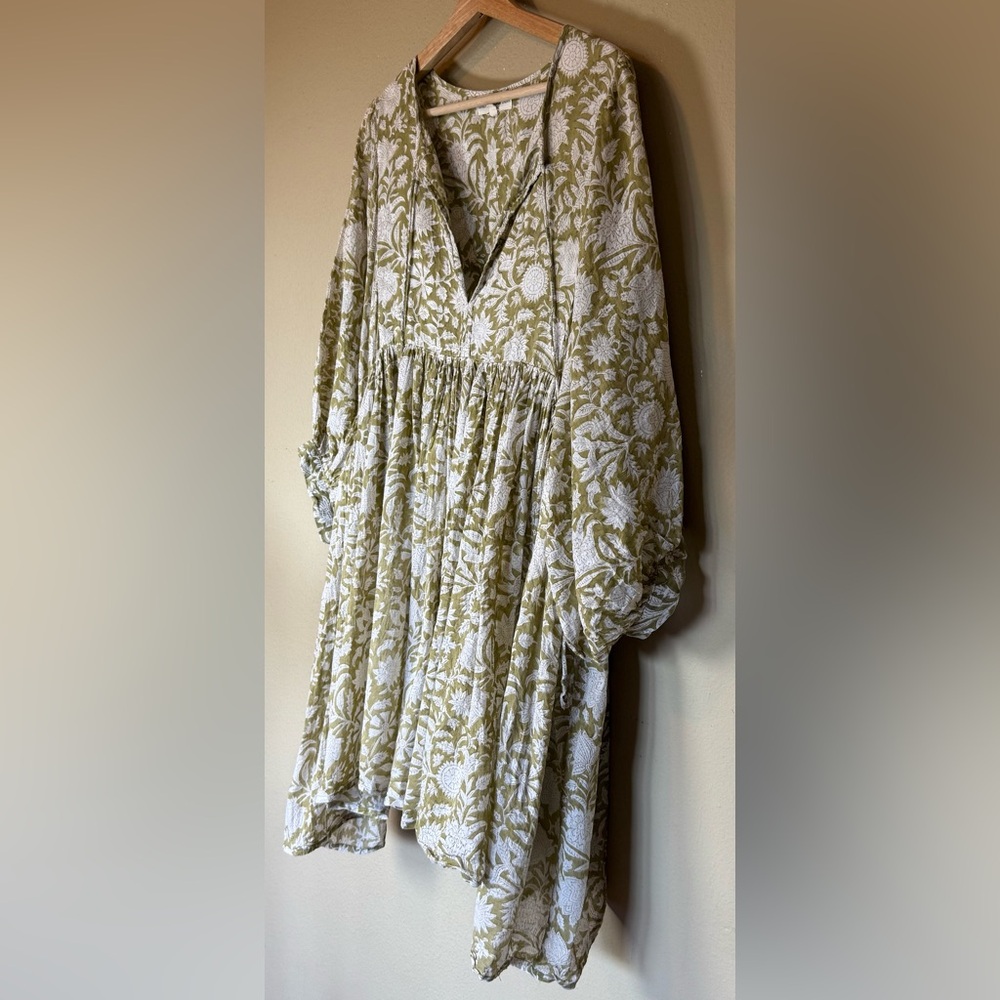 Daughters of India Kyra Olive White Floral Print Cotton Mini Dress Size XL - Picture 3 of 7